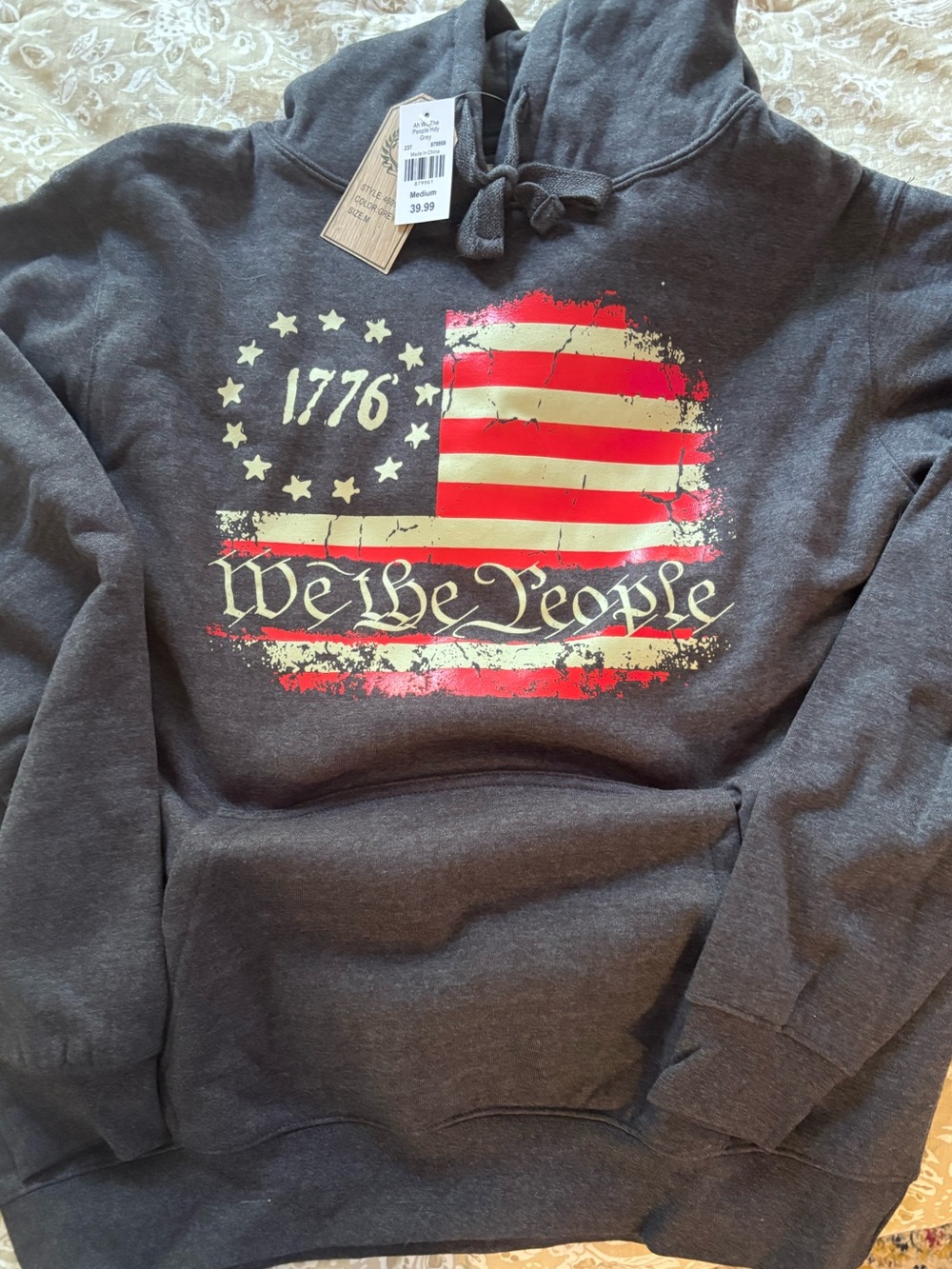 "We The People" Hoodie - Dark Blue/Gray with Red & Cream Flag NWT Medium